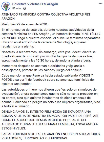 Colocan bomba en espacio separatista de Colectiva Violetas FES Aragón. 