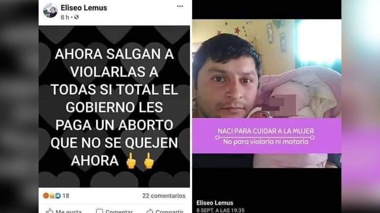 Eliseo Lemus con un post de Facebook en el que invitaba a la violación de mujeres tras la votación a favor del aborto legal en Argentina