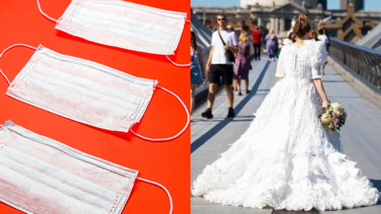 Crean vestido de novia con cubrebocas en Londres