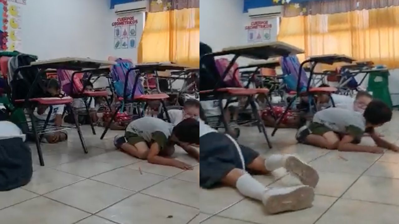 Sonora: Reportan balacera afuera de una primaria; captan a niños escondidos