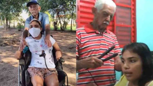 Abuelito de 84 años ayuda a su nieta con parálisis cerebral a volverse en maquilladora
