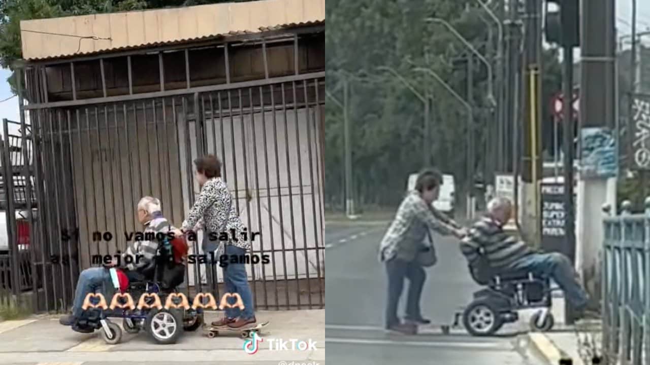 Abuelita aprende a andar en patineta para acompañar a su esposo en silla de ruedas