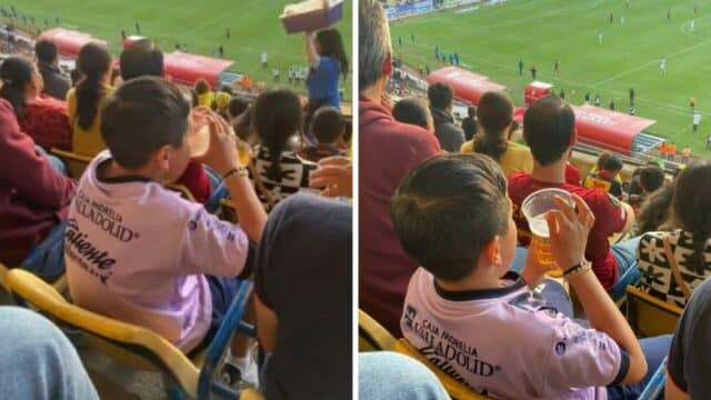 Niño bebe cerveza en estadio de futbol de Morelos y causa polémica en redes