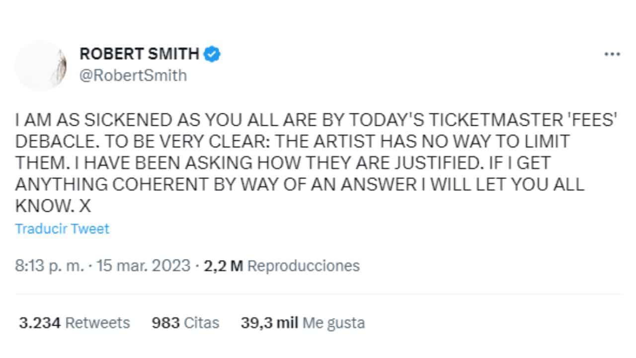 Robert Smith se queja de cuotas de Ticketmaster para su gira